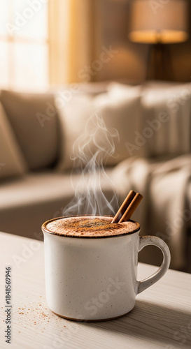 Hot chocolate with cinnamon sticks and cocoa powder garnish on a light-colored table, cozy living room background