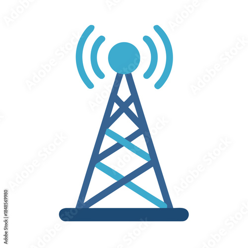 Signal tower broadcasting communication waves in light and dark blue, isolated on black