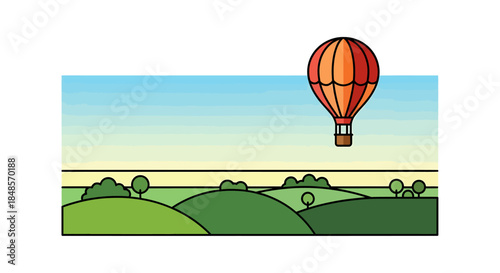 Whimsical hot air balloon soaring over rolling green hills, perfect for children's book illustrations or travel agency marketing materials