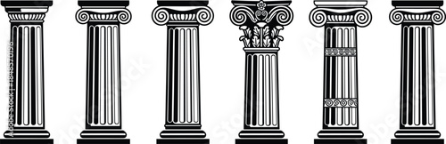 Set of Six Greek Roman Architectural Columns Icon, Classic Capital and Ancient Pillar Collection, Historical Building Design Element Outline, Heritage and Structure Cad Drawing