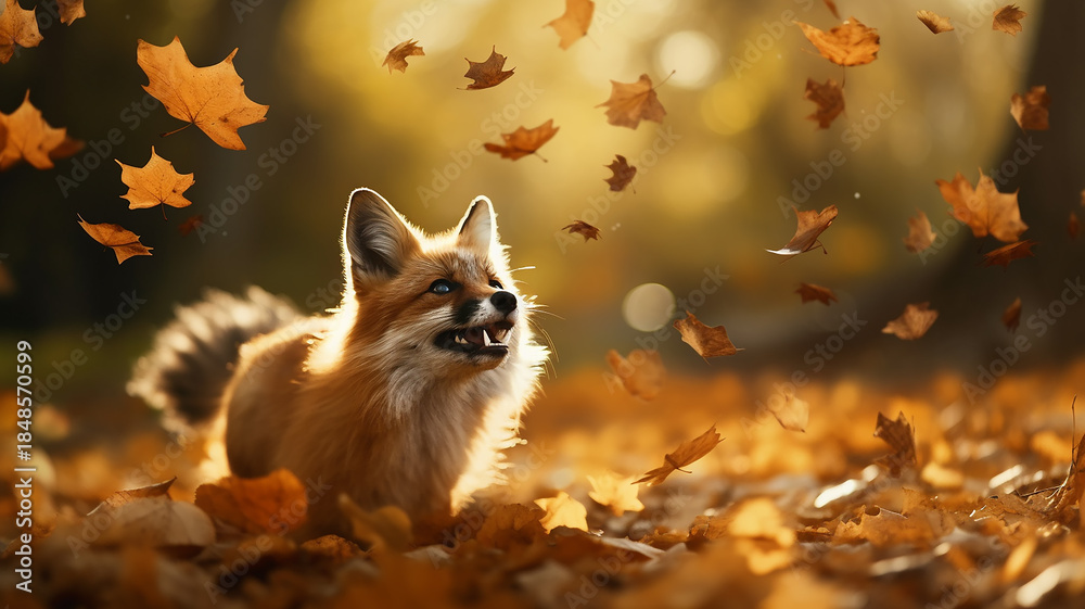 Fototapeta premium a cute fox runs in leaf fall through autumn leaves a view of wild nature the joy of change, a dynamic scene of flying leaves