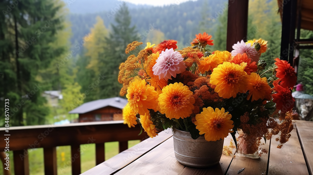 Naklejka premium autumn flowers in pots on the balcony of the chalet, view of the autumn mountains from the hotel on a trip in October