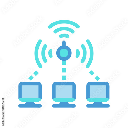 Network connectivity icon showing computers linked to a central wireless point
