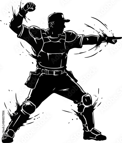 Baseball Umpire Strike Signal Ink Brush Silhouette. Referee Vector Art