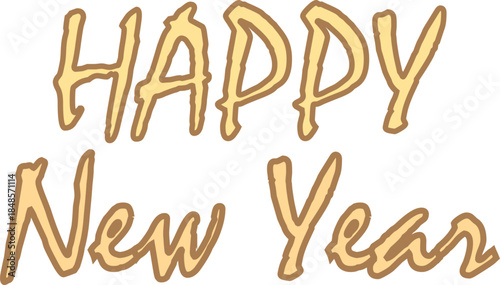 A stylized golden-brown text reads 'HAPPY New Year' on a clean white background, celebrating the holiday season.