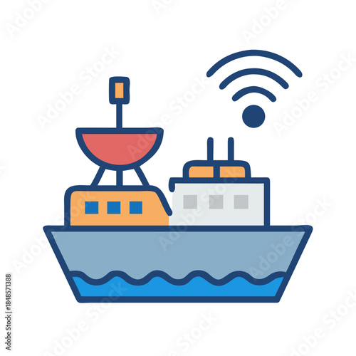 Maritime Navigation: Graphic Icon Depicting Modern Ship with Satellite Technology
