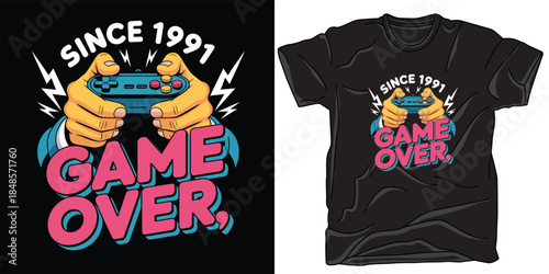 Game over since 1991 retro video game controller t-shirt design. Vintage gaming. Console joystick. Old school player. Arcade classic