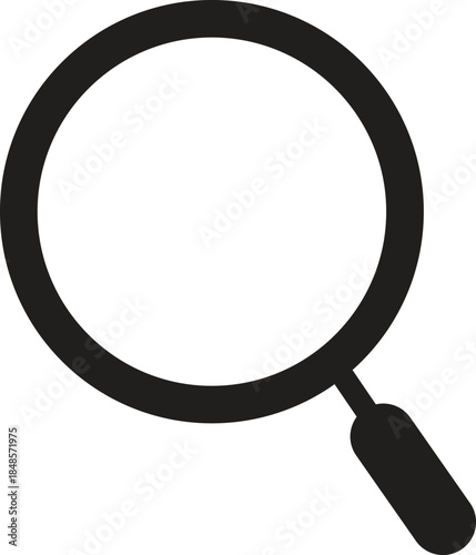 Simple black magnifying glass icon representing search, zoom, or investigation.
