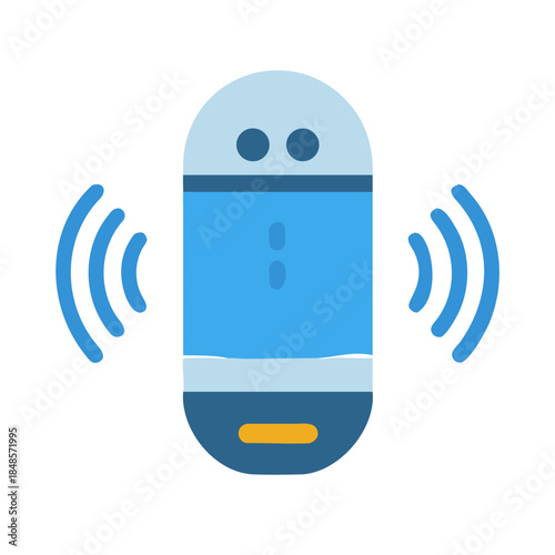 Isolated flat vector smart speaker, personal assistant responding with waves, black background