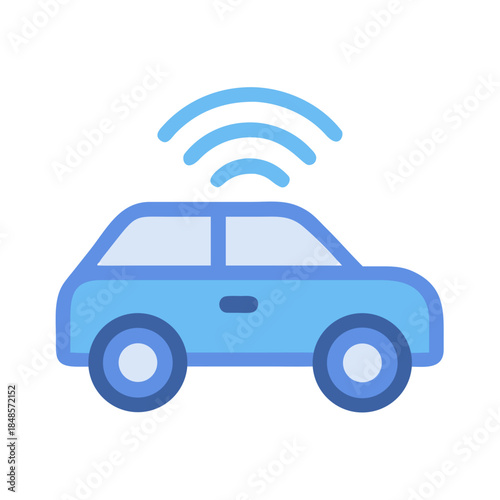 Isolated vector illustration of a blue self driving car with wireless signal