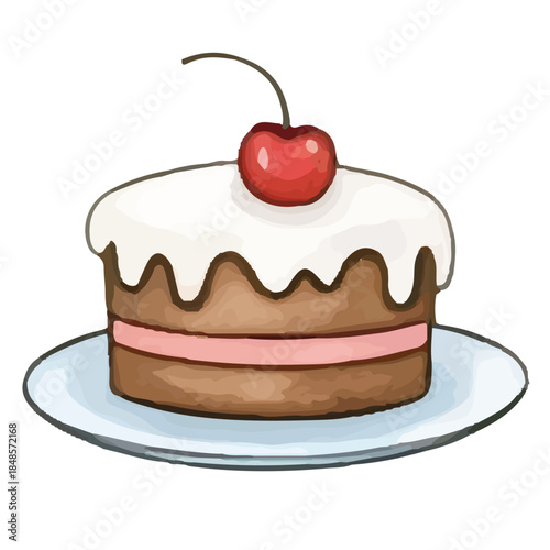 Cherry and chocolate cakes with cream and fruit on a plate dessert illustration