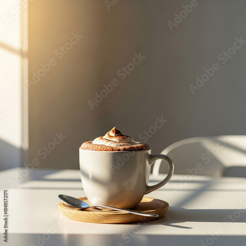 Minimalist hot chocolate setup with a single mug and spoon, natural window light,