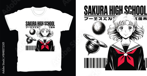 Sakura high school student wearing a Japanese school uniform with a tie and bow and planets behind her