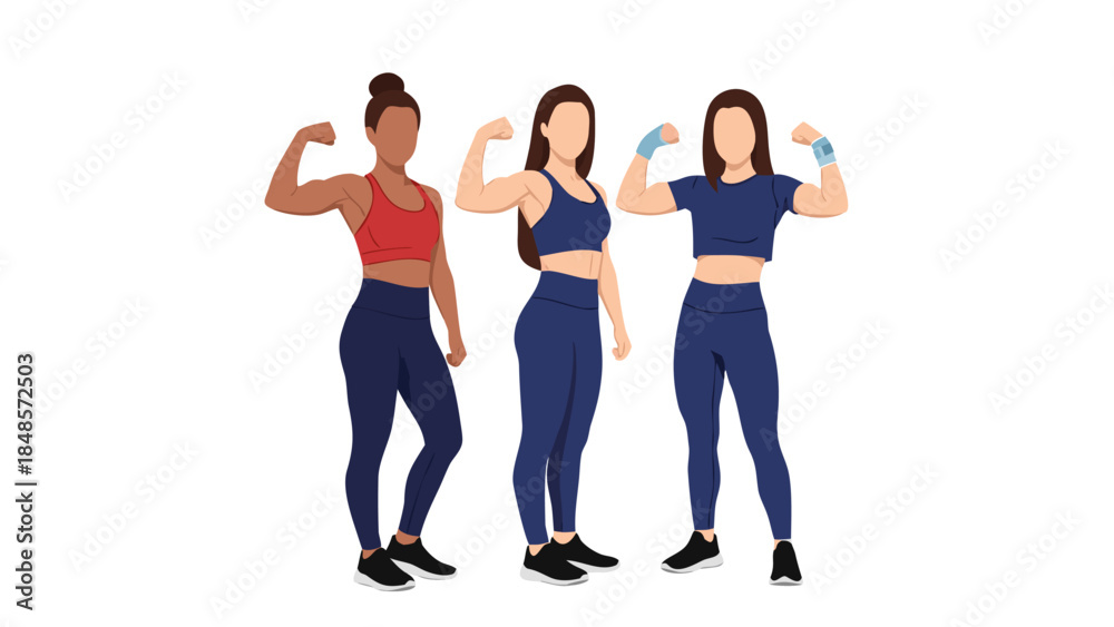 Fototapeta premium Three women in athletic wear flexing their biceps, showcasing strength and fitness.