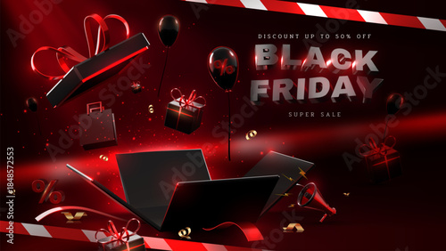 Black Friday Sale banner Poster with Open Gift Box, Balloons, Megaphone, and 3D Percent Symbols.