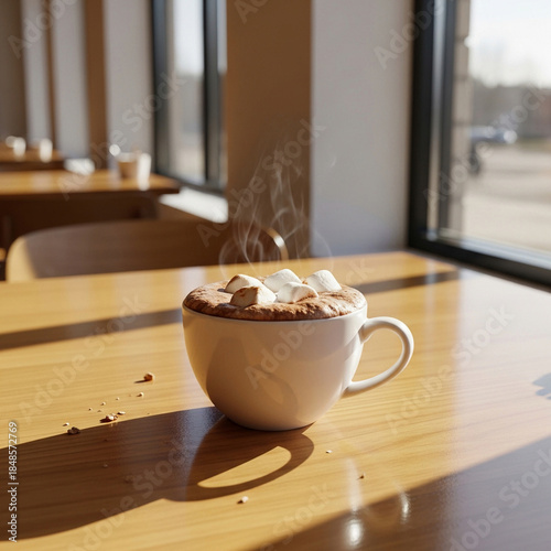Steaming hot chocolate in a white ceramic mug, marshmallows slowly melting on top, clean minimal interior