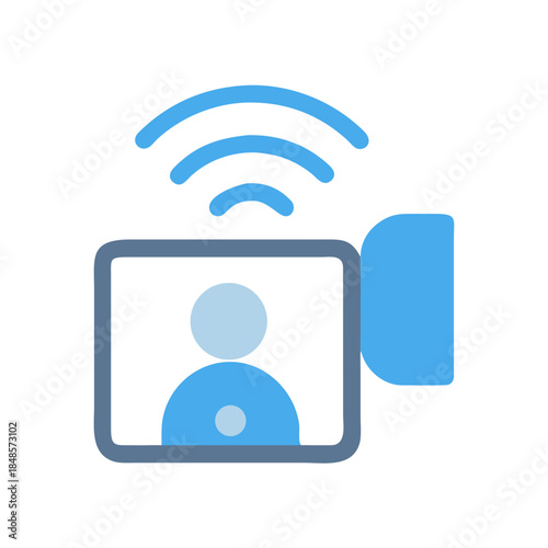 Stylized video call icon illustrating remote connection and communication, set on black backdrop
