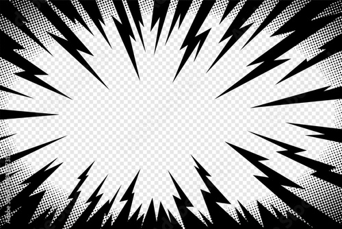 Thunder manga electric flash in vector comic radial burst form. Thunder manga bg template for anime energy power, explosion light and fast motion. Abstract graphic frame layout.