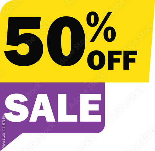 A bright yellow and purple banner advertising a 50% off sale.