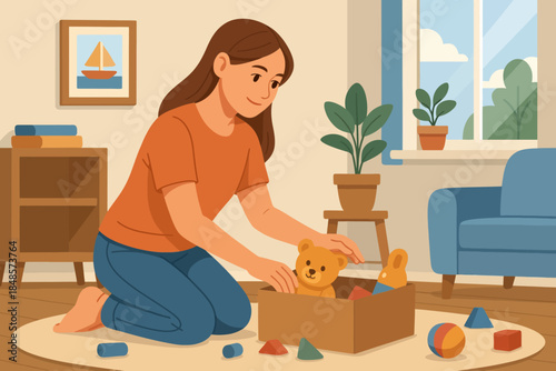 Mother tidying up scattered toys into box