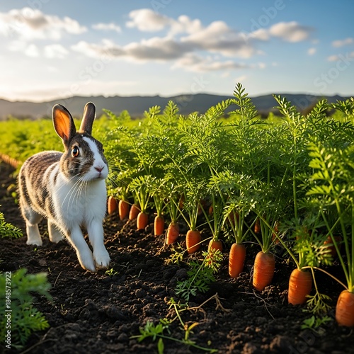 Adorable rabbit exploring lush green carrot field on sunny day
