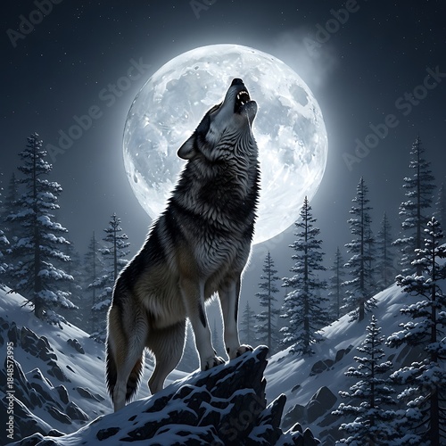 Majestic wolf howling at full moon in snowy forest landscape