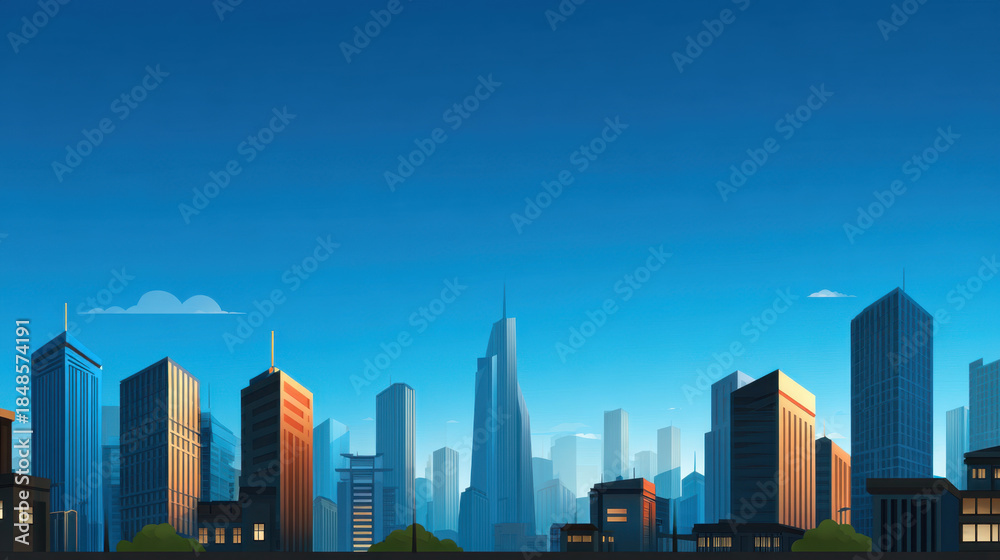 Fototapeta premium Sunlit modern city skyline with glass skyscraper silhouettes against clear blue sky, warm reflections and minimal clouds conveying calm urban morning light and subtle architectural contrast