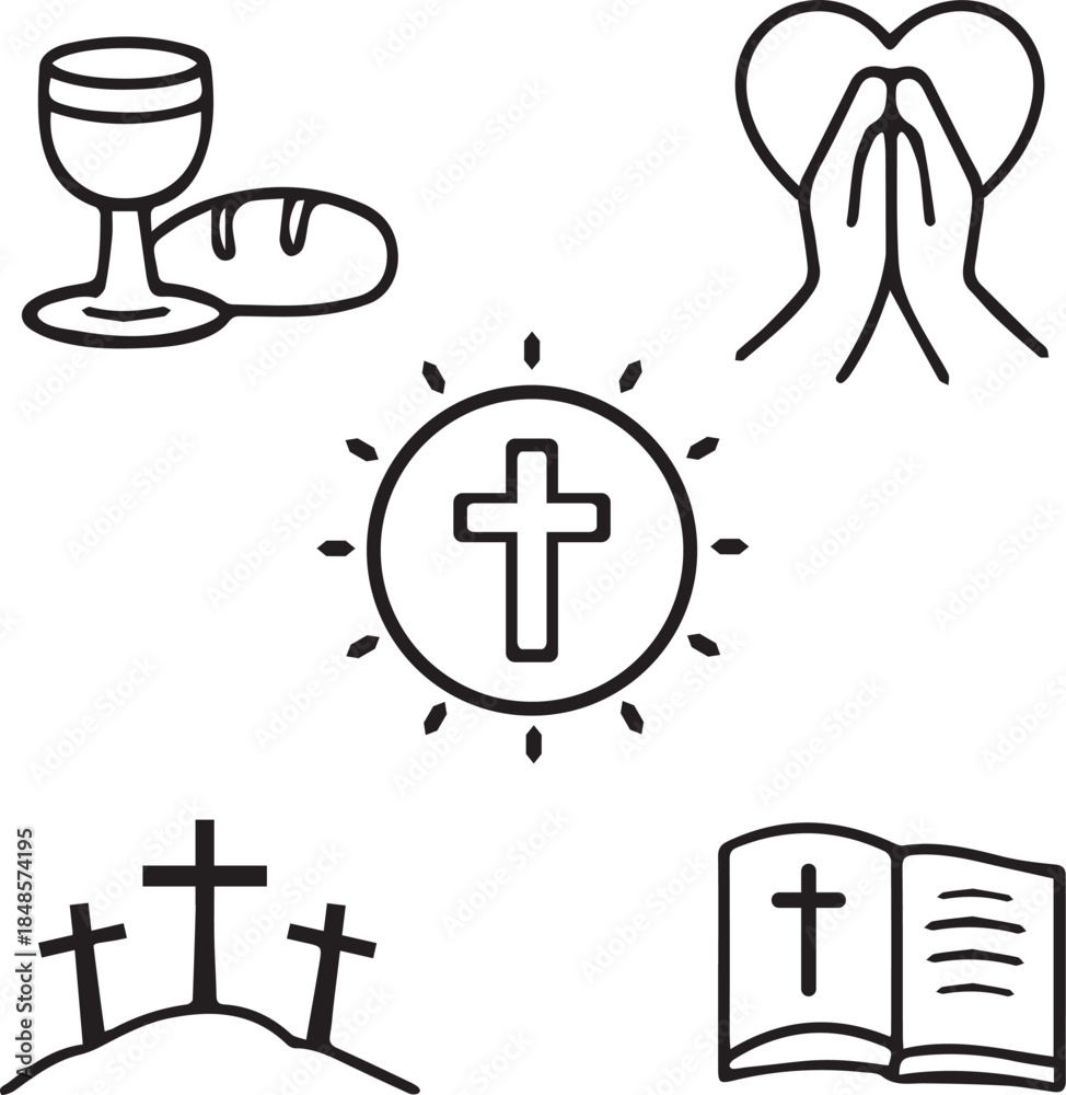 Obraz premium A collection of black and white religious icons including a chalice praying hands cross and bible on transparent background high-quality