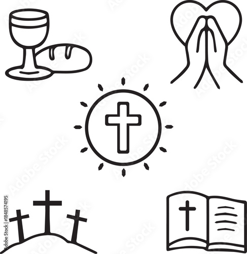 A collection of black and white religious icons including a chalice praying hands cross and bible on transparent background high-quality