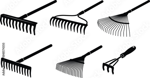 Garden rake tool silhouettes set, various leaf rakes and hand cultivator icons, black gardening equipment illustration isolated on white
