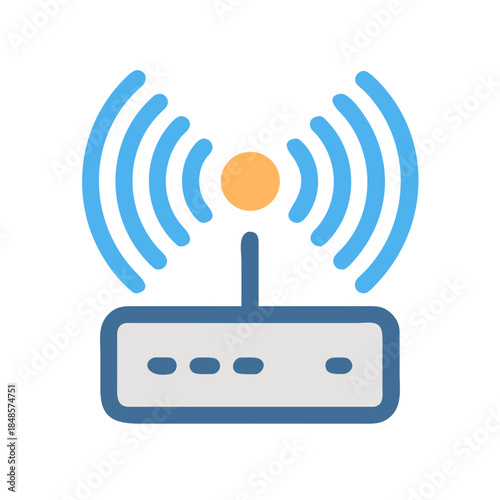 Simplified router icon on black background with signal waves emanating upwards and outwards