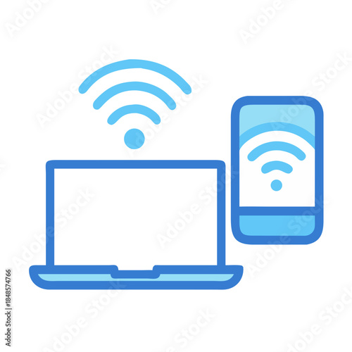 Laptop and phone connected via wireless signal on a black background, graphic illustration