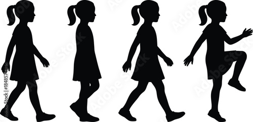 Girl walking silhouette sequence, child movement progression, childhood development poses, active kid illustration isolated white background vector design