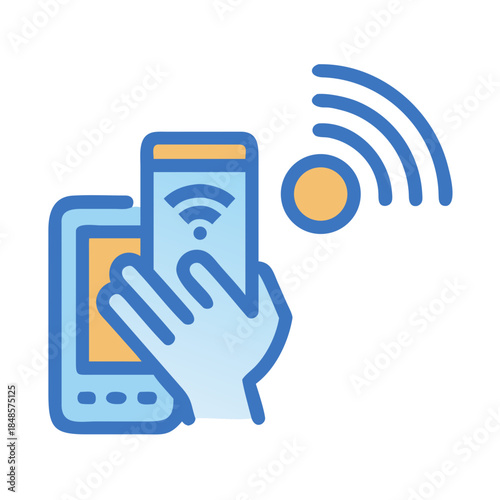 Digital Device Connectivity Illustration: Smartphone and Wireless Signals, Hand Holding Device