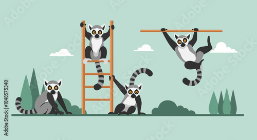 Lemurs climbing and playing in a lush forest scene
