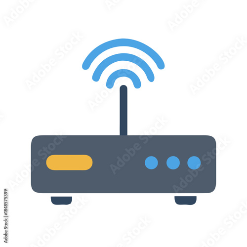 Flat design illustration of a wireless router broadcasting signal on black background