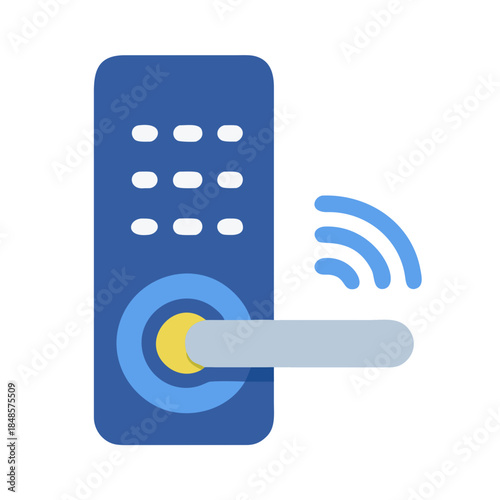 Digital smart door lock with keypad and wireless signal icon, flat design
