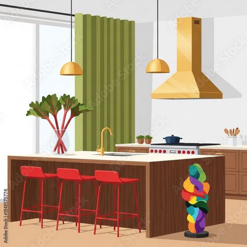 Modern kitchen island with red bar stools golden hood and green curtains contemporary interior design for home or real estate
