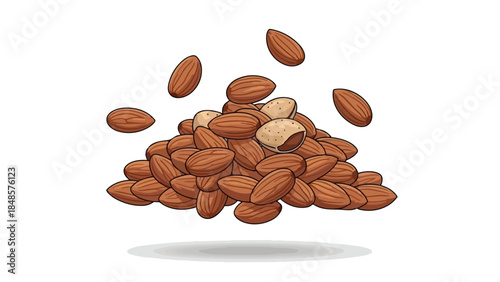 Vivid illustration: a pile of healthy brown almonds, whole and shelled, some falling. Promotes natural goodness and nutritious snacking for wellbeing