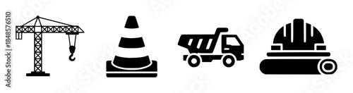 Black silhouette of construction crane traffic cone dump truck and hard hat