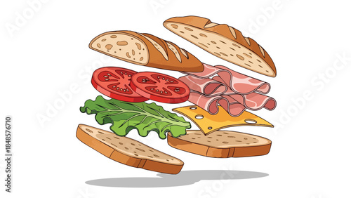 Vibrant illustration depicting fresh sandwich ingredients dynamically floating ready for assembly a visual feast for culinary projects