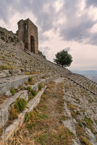 Ancient Great Theater of Pergamon ruins, stone steps, and a lone tree under a cloudy sky, overlooking Bergama, Turkey