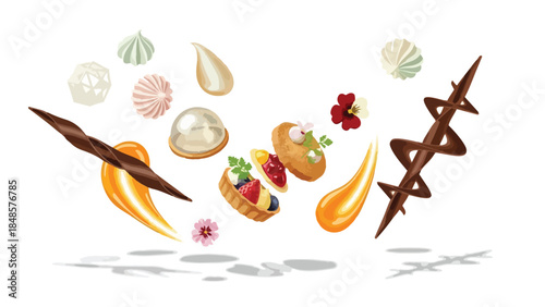 Exquisite Patisserie Components Floating Elegantly Artistic Dessert Assembly Showcase