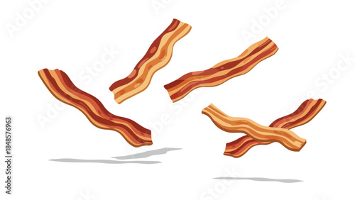 A dynamic vector illustration captures several golden-brown strips of savory, crispy bacon floating against a pure white backdrop. The enticing