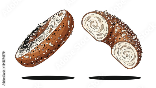 Artisanal whole wheat bagel illustration with a detailed cross-section showcasing its unique swirled texture and rich seed topping presented floating