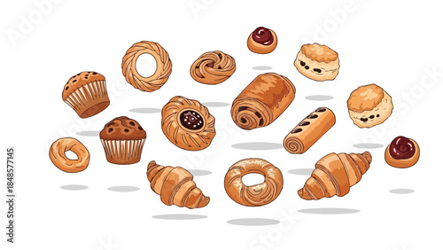 Assortment of freshly baked pastries and sweet treats illustration on white background for menus and bakery concepts