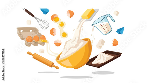 Dynamic illustration of essential baking ingredients and kitchen tools in motion, creating a vibrant scene of culinary preparation and recipe