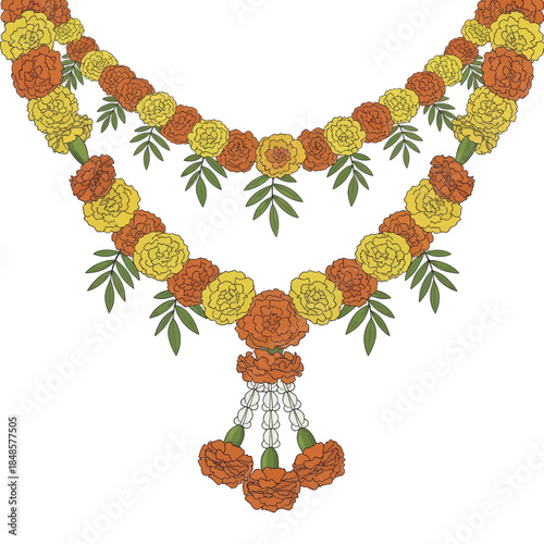 Floral marigold necklace with hanging pendant garland.
