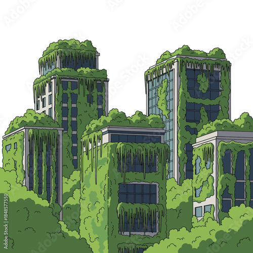 Overgrown abandoned architectural buildings swallowed by greenery.