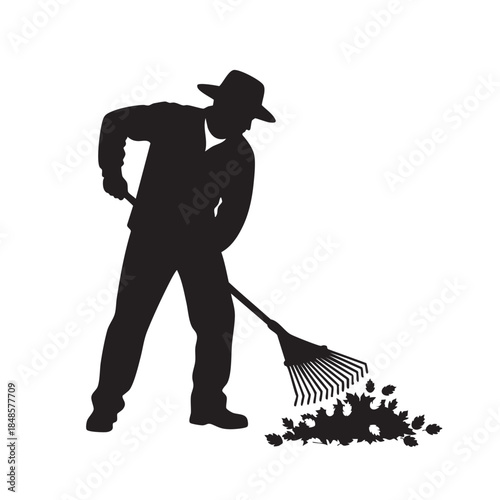 Silhouette of Farmer Raking Leaves with Hat and Work Clothes Vector Illustration Seasonal Chore Autumn Cleanup Yard Maintenance Garden Worker
